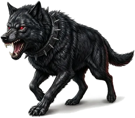A dark evil dog with glowing red eyes and a spiked collar.