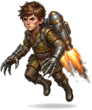 The player character: a flying boy with metal claws.