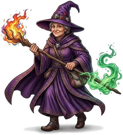 A witch in a purple robe casting fire and poison with her staff.